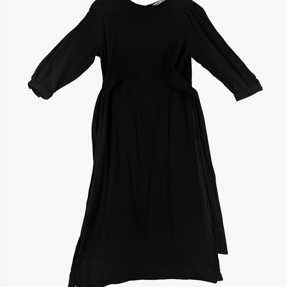 Zara Womens Black Cotton Textured Midi Dress Side Tie Puff Sleeve Small